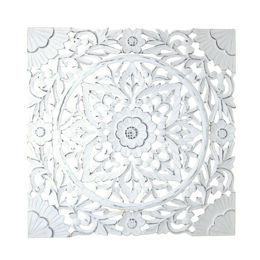 Whitewashed Floral Starburst Carved Wood Wall Panel – Square Mandala Design