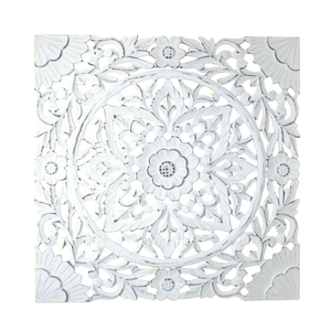 Whitewashed Floral Starburst Carved Wood Wall Panel – Square Mandala Design