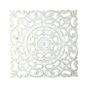 Whitewashed Square Wooden Wall Panel – Carved Floral Scroll Medallion