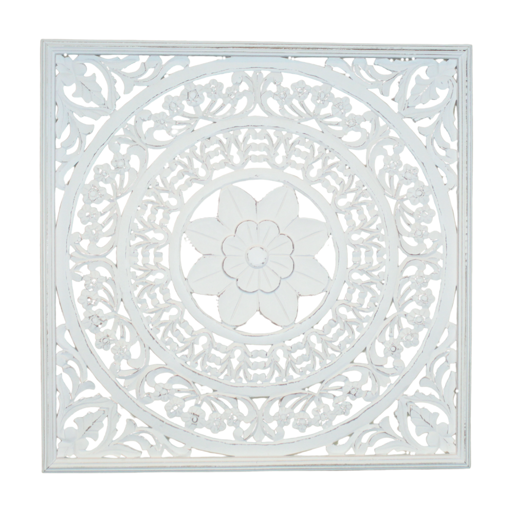 36" Whitewashed Hand-Carved Wooden Wall Panel – Large Floral Mandala Design