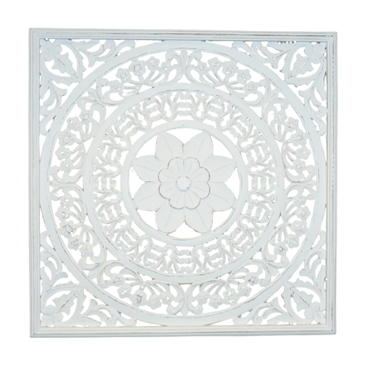 36" Whitewashed Hand-Carved Wooden Wall Panel – Large Floral Mandala Design