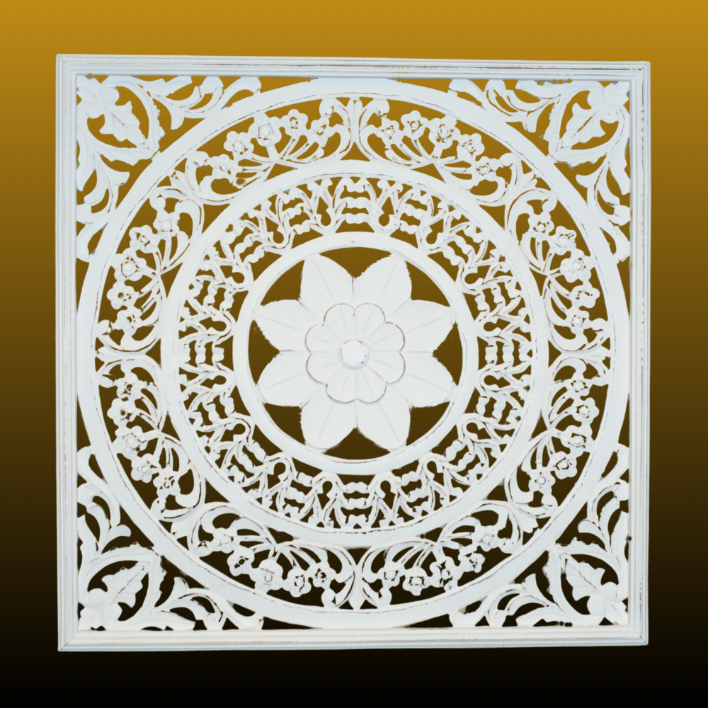 36" Whitewashed Hand-Carved Wooden Wall Panel – Large Floral Mandala Design
