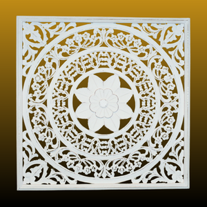 36" Whitewashed Hand-Carved Wooden Wall Panel – Large Floral Mandala Design