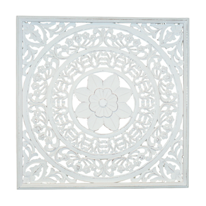 36" Whitewashed Hand-Carved Wooden Wall Panel – Large Floral Mandala Design
