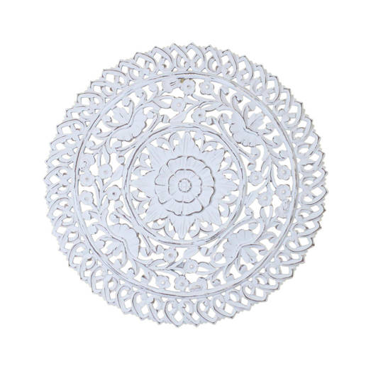 Whitewashed Hand-Carved Round Wall Panel – Floral Sunburst Mandala Design