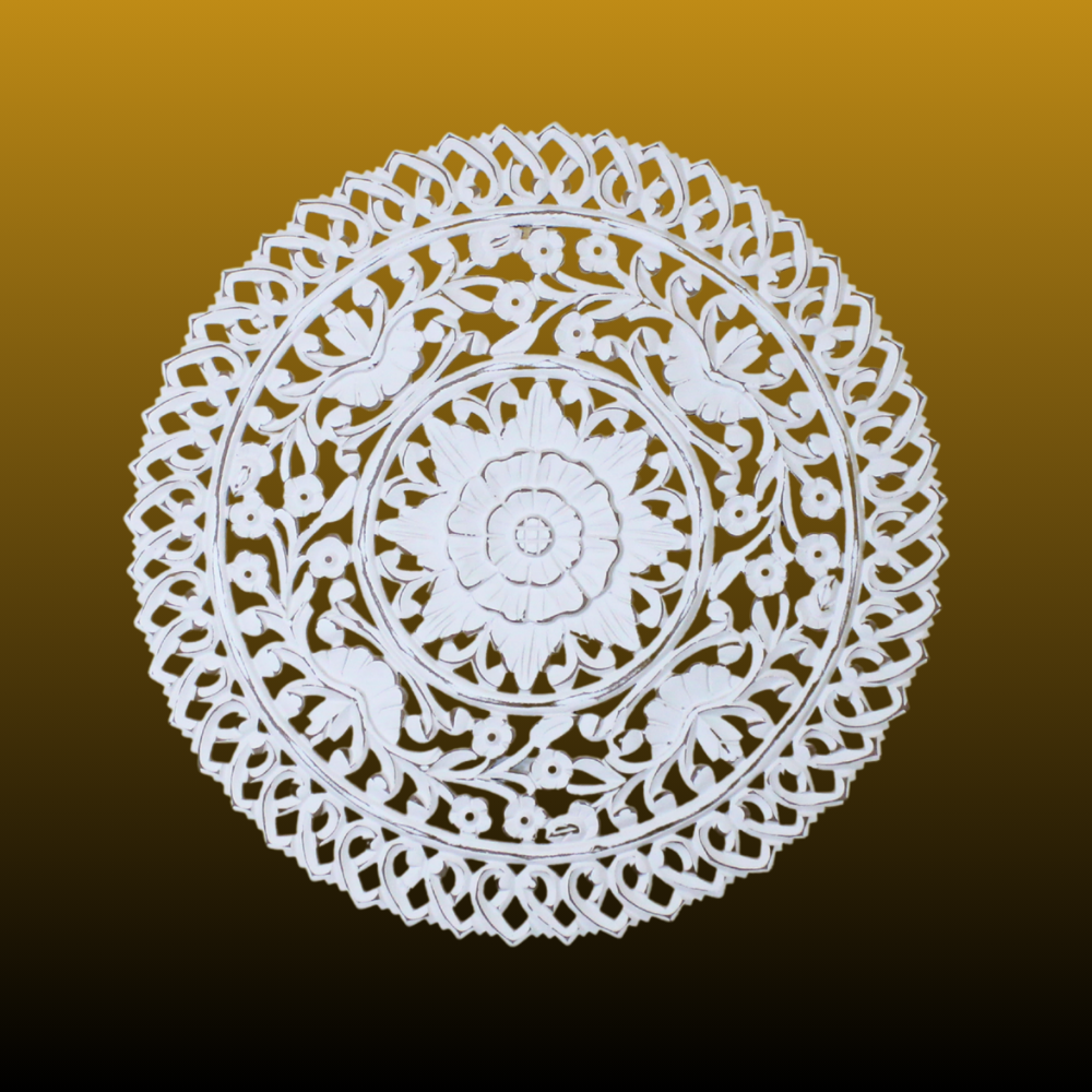 Whitewashed Hand-Carved Round Wall Panel – Floral Sunburst Mandala Design