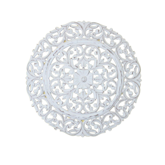 Whitewashed Hand-Carved Wooden Wall Medallion – Ornate Floral Scroll Design