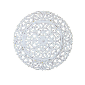 Whitewashed Hand-Carved Wooden Wall Medallion – Ornate Floral Scroll Design