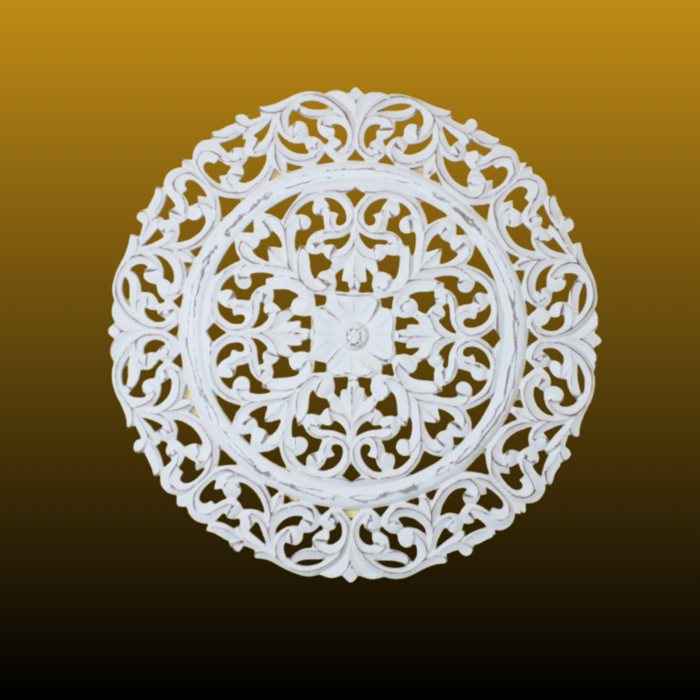Whitewashed Hand-Carved Wooden Wall Medallion – Ornate Floral Scroll Design