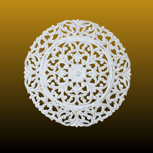 Whitewashed Hand-Carved Wooden Wall Medallion – Ornate Floral Scroll Design