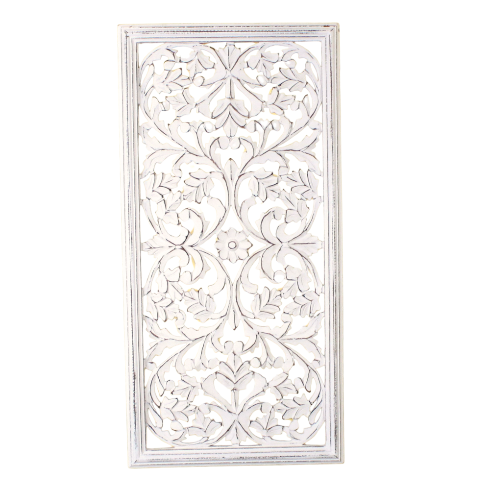 Whitewashed Vertical Carved Wood Wall Panel – 16"x32" Floral Vine Design