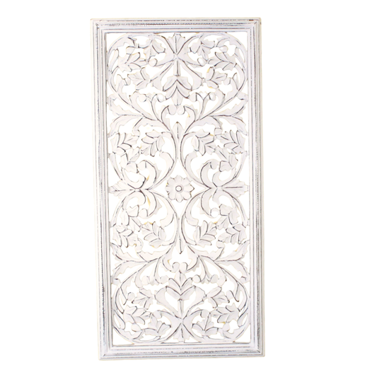 Whitewashed Vertical Carved Wood Wall Panel – 16"x32" Floral Vine Design