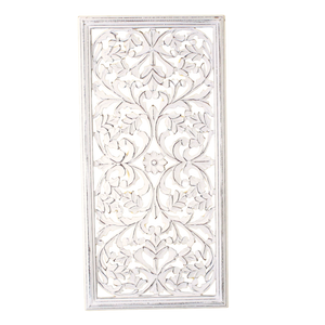 Whitewashed Vertical Carved Wood Wall Panel – 16"x32" Floral Vine Design