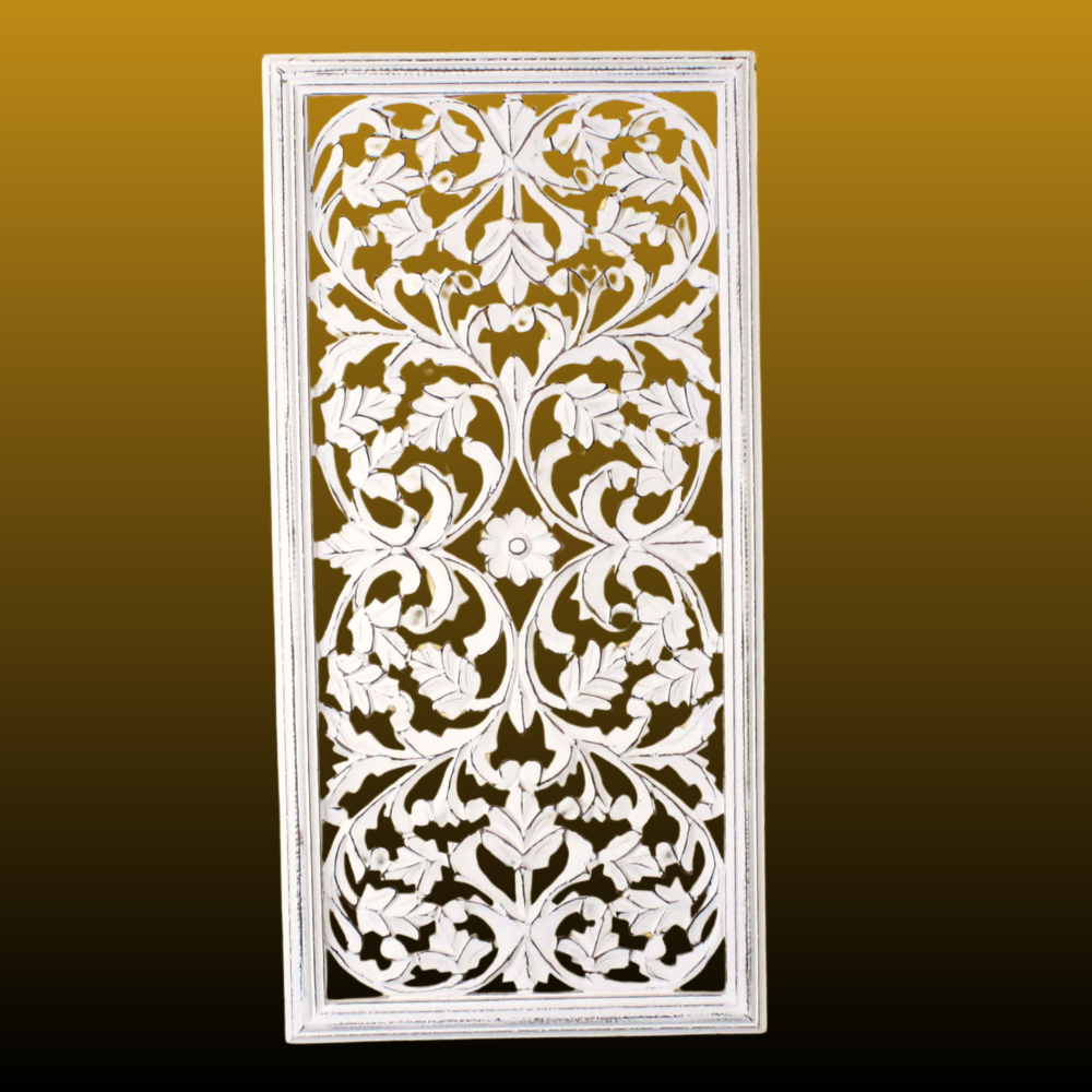 Whitewashed Vertical Carved Wood Wall Panel – 16"x32" Floral Vine Design
