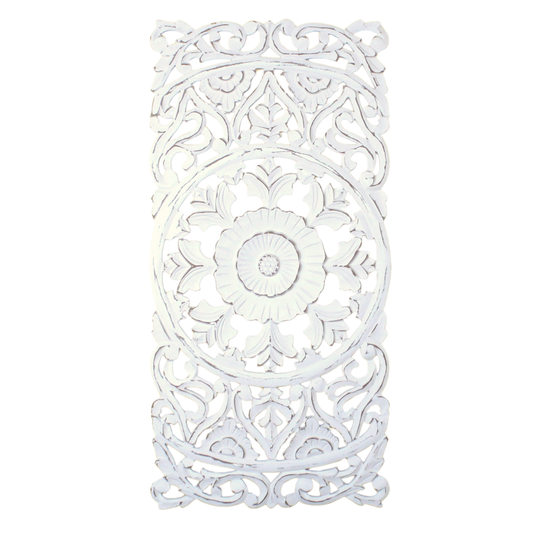 Whitewashed Vertical Carved Wood Wall Panel – Medallion & Scrollwork Design