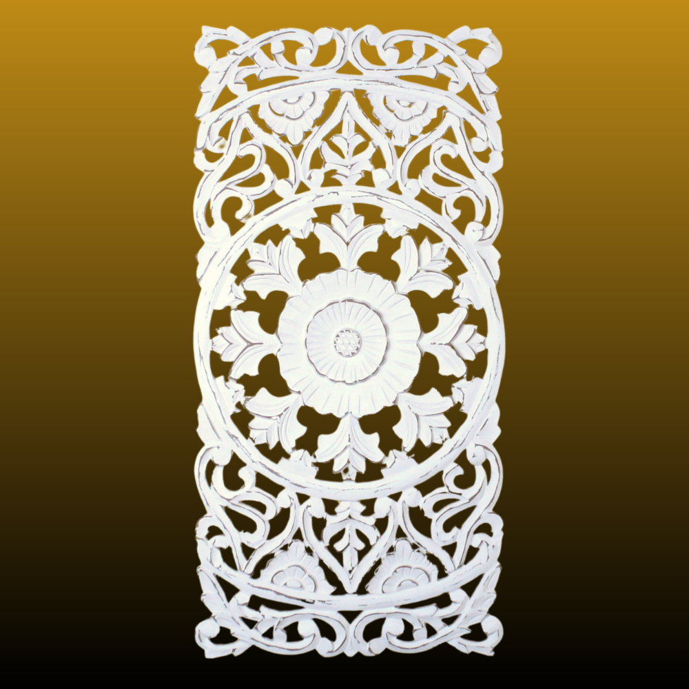 Whitewashed Vertical Carved Wood Wall Panel – Medallion & Scrollwork Design