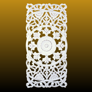 Whitewashed Vertical Carved Wood Wall Panel – Medallion & Scrollwork Design