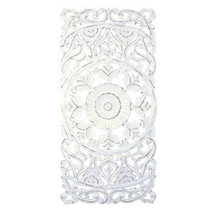 Whitewashed Vertical Carved Wood Wall Panel – Medallion & Scrollwork Design