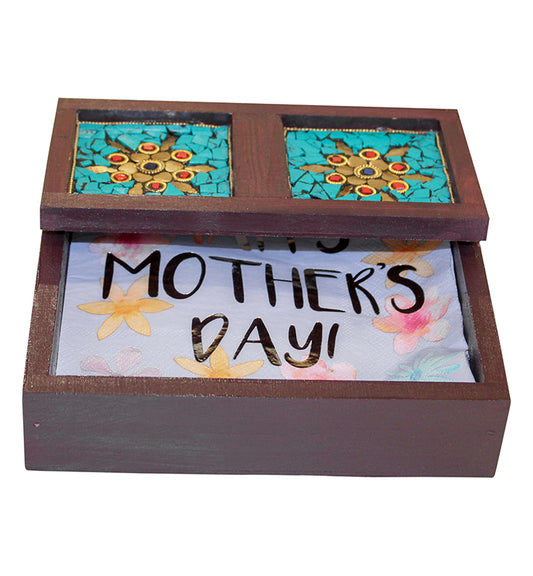 Wooden Napkin Holder with Turquoise Stone Mosaic - Little Elephant