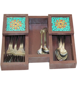 Wooden Cutlery Holder with Turquoise Stone Mosaic - Little Elephant
