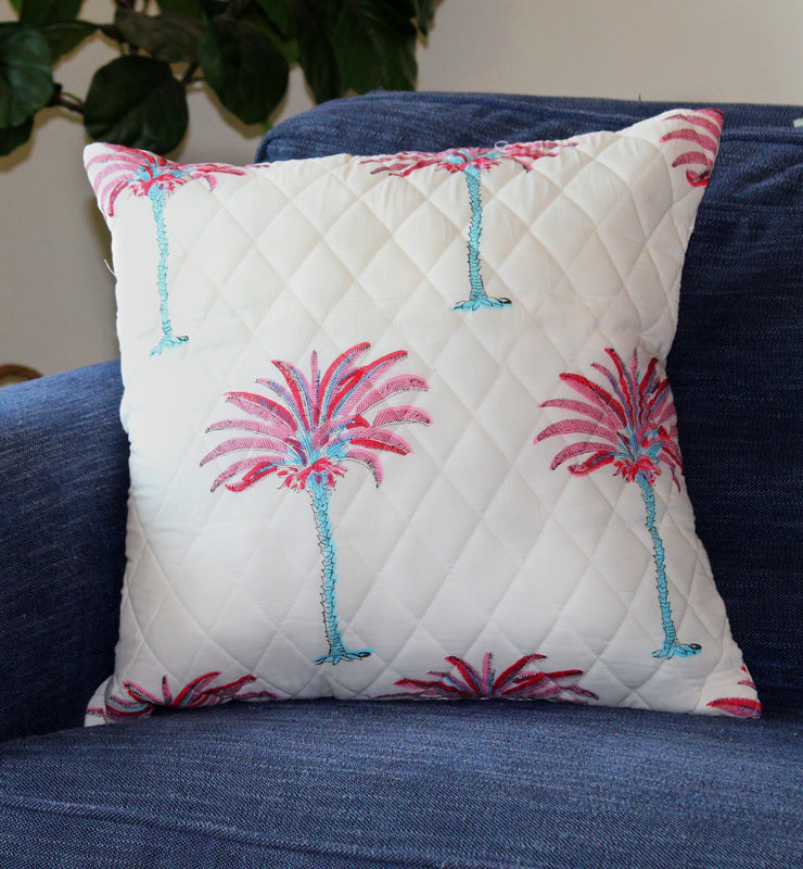 Pink and Blue Palm Tree Quilted Throw Pillow Cover