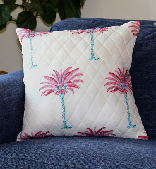 Pink and Blue Palm Tree Quilted Throw Pillow Cover