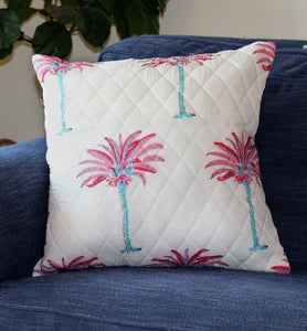 Pink and Blue Palm Tree Quilted Throw Pillow Cover