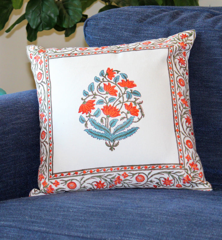 Blue and Orange Floral Linen Cushion Cover