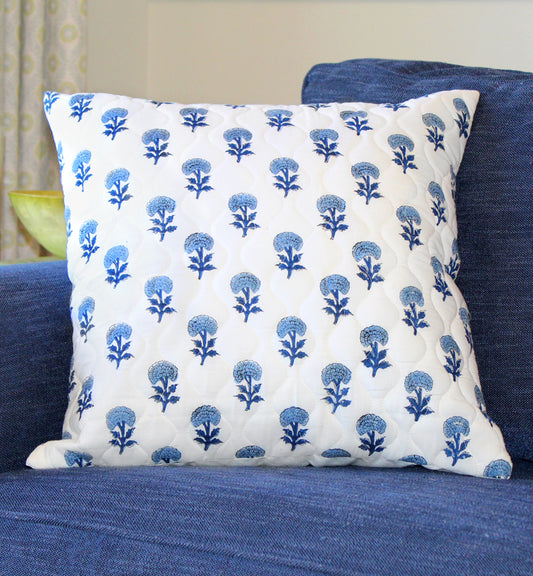 Blue Floral Quilted Throw Pillow Cover