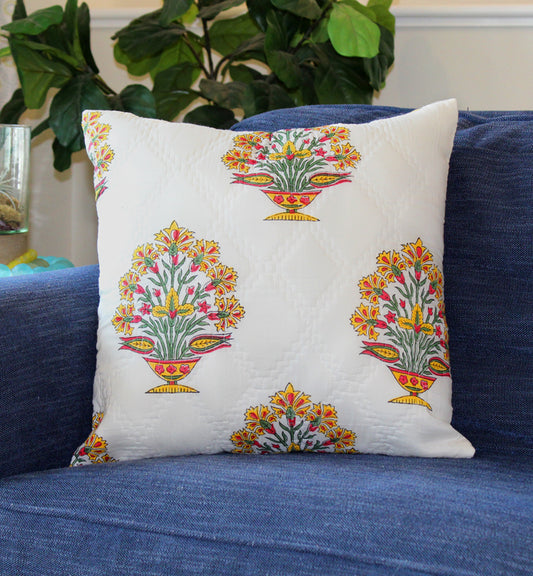 Yellow and Pink Flowers Quilted Throw Pillow Cover