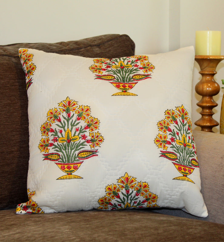 Yellow and Pink Flowers Quilted Throw Pillow Cover