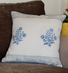 Classic Blue Floral Print Linen Cushion Cover