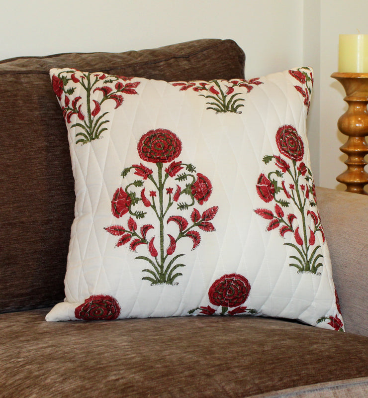 Red Floral Quilted Throw Pillow Cover