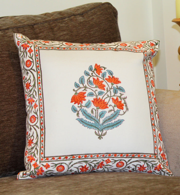 Blue and Orange Floral Linen Cushion Cover