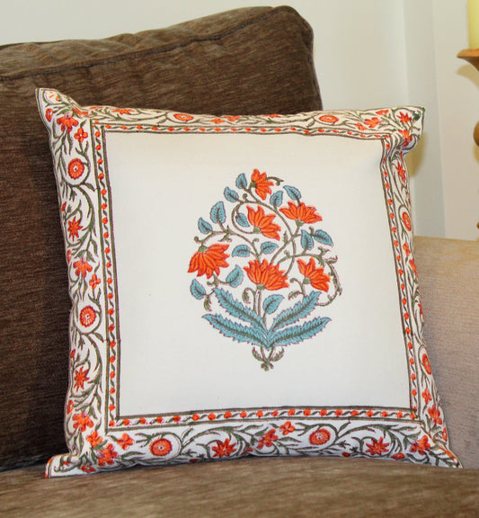 Blue and Orange Floral Linen Cushion Cover