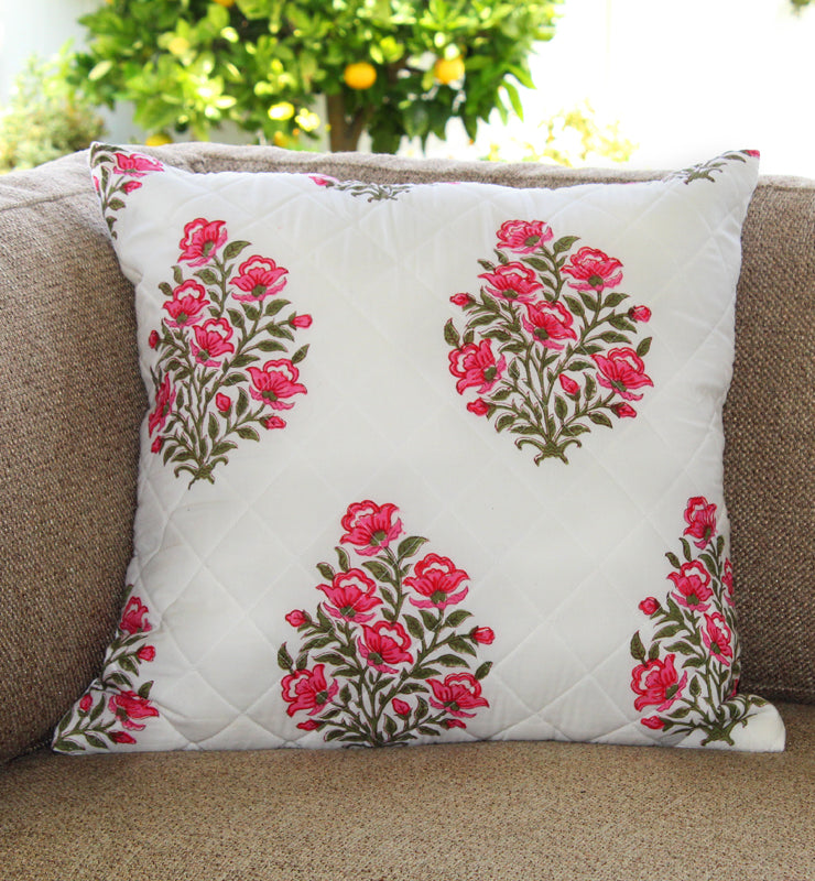 Pink Floral Bunches Quilted Throw Pillow Cover