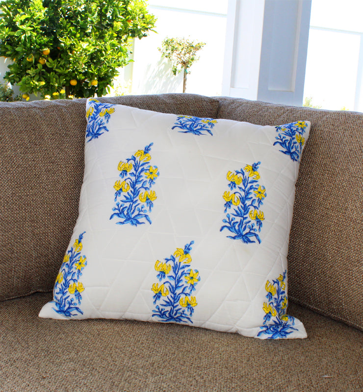 Bright Blue and Yellow Floral Quilted Throw Pillow Cover