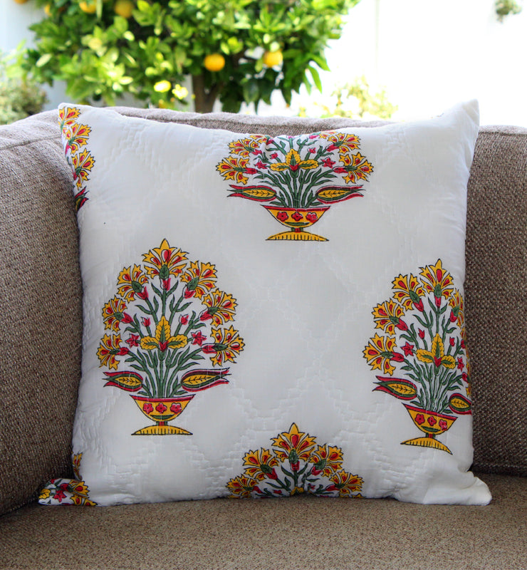 Yellow and Pink Flowers Quilted Throw Pillow Cover
