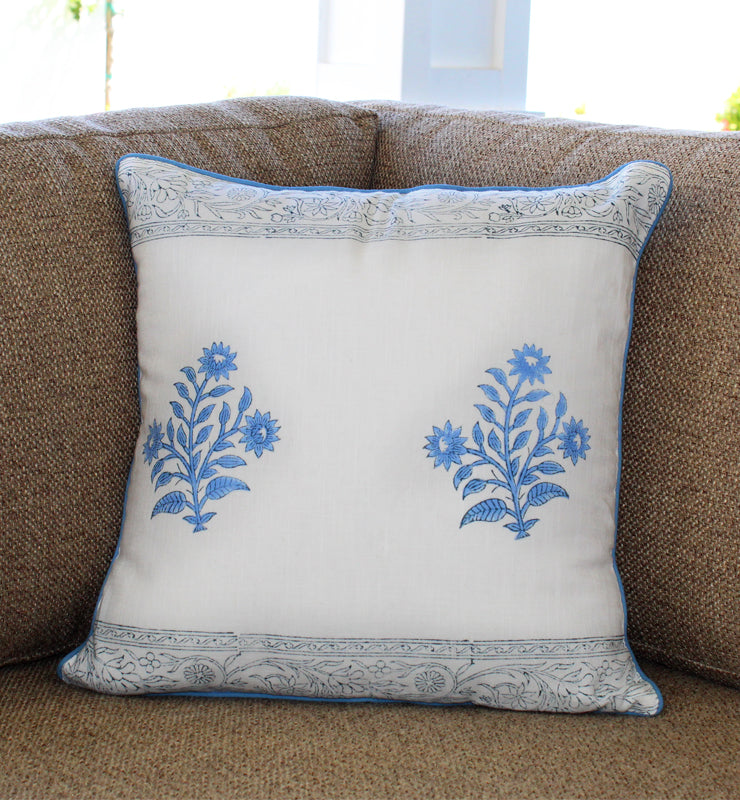 Classic Blue Floral Print Linen Cushion Cover