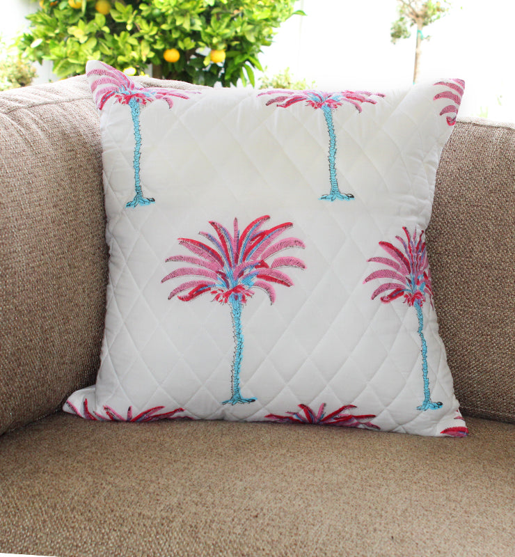 Pink and Blue Palm Tree Quilted Throw Pillow Cover
