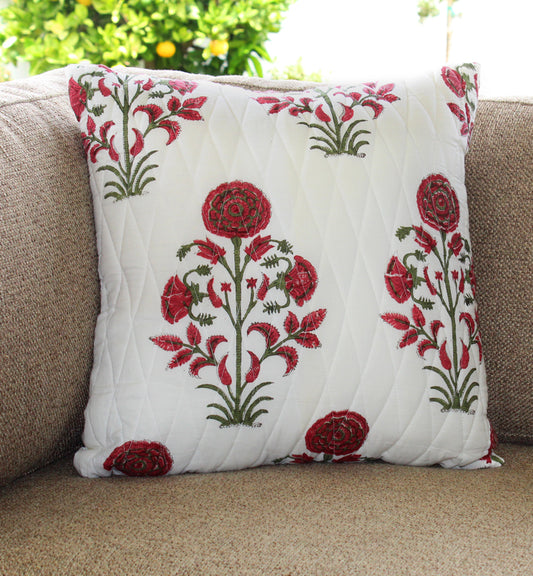 Red Floral Quilted Throw Pillow Cover