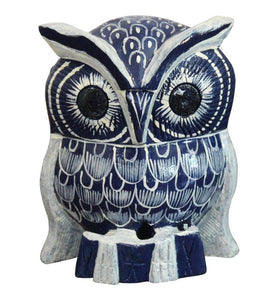 Hand-painted Navy and White Wooden Owl