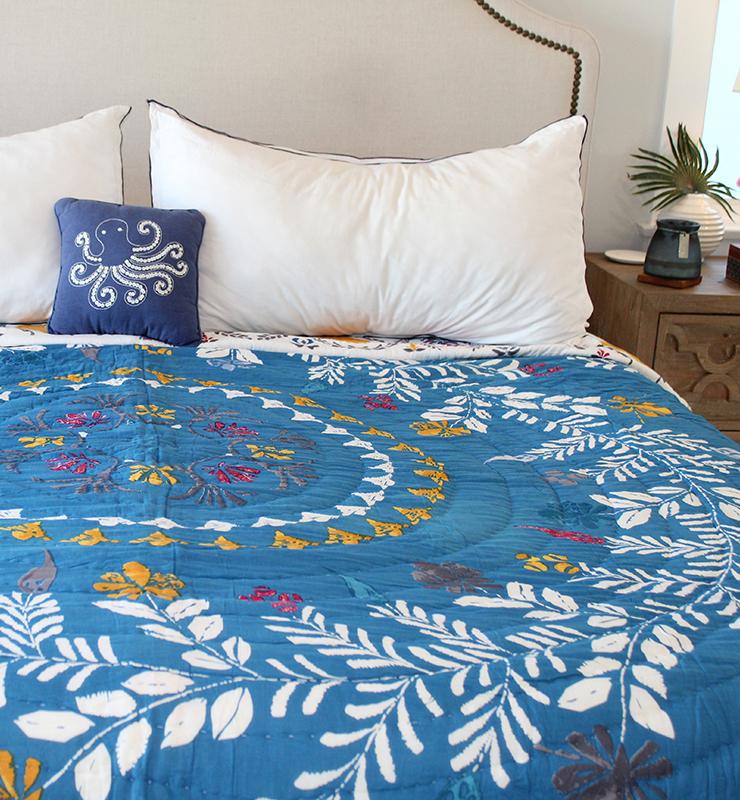 Cotton Blue Botanical Quilt - Little Elephant
