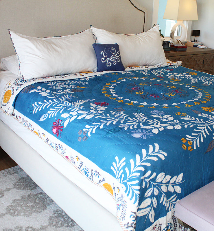 Cotton Blue Botanical Quilt - Little Elephant