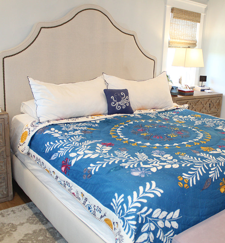 Cotton Blue Botanical Quilt - Little Elephant
