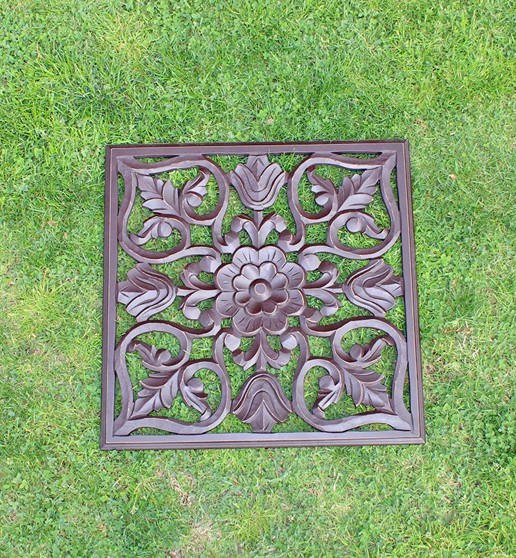 Carved Wooden Wall Panel – Square Floral Scroll Design