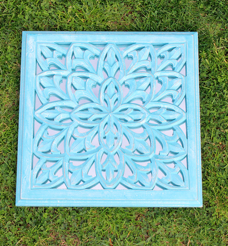 Aqua Blue Carved Wooden Wall Panel with Mirror Back – Floral Lattice Design