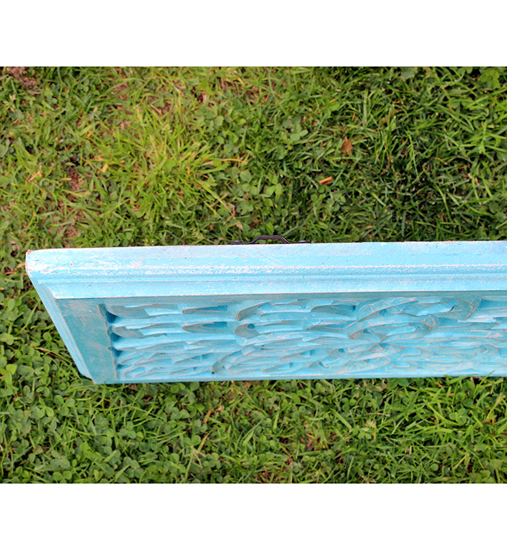 Aqua Blue Carved Wooden Wall Panel with Mirror Back – Floral Lattice Design