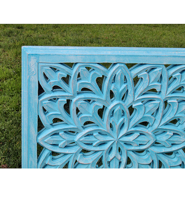 Aqua Blue Carved Wooden Wall Panel with Mirror Back – Floral Lattice Design