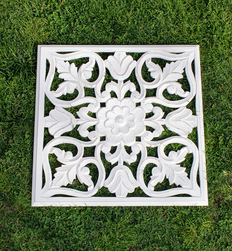 Carved Wooden Wall Panel – Square Floral Scroll Design